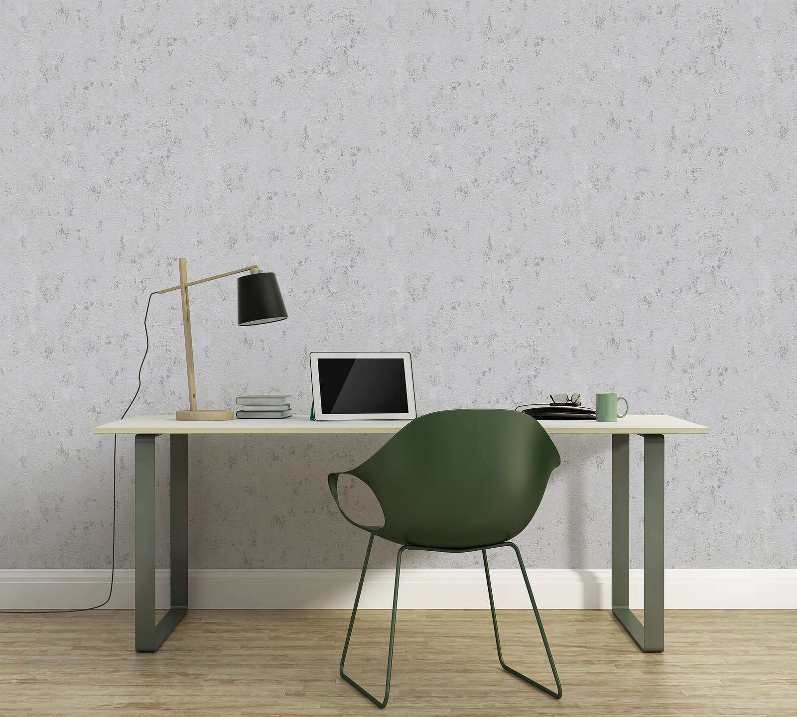             Wallpaper in a coarse plaster look with accents - grey, silver, metallic
        