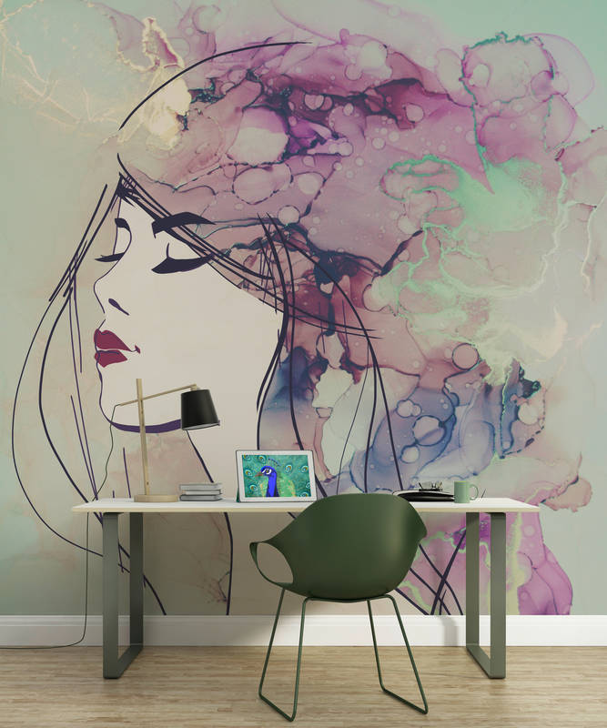             Acrylic design photo wallpaper woman face in turquoise & purple
        