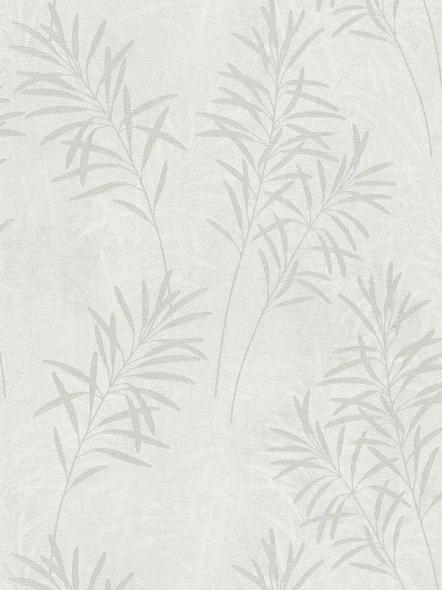 Papier peint intissé floral avec motif d'herbes et texture fine - blanc, gris, métallique
