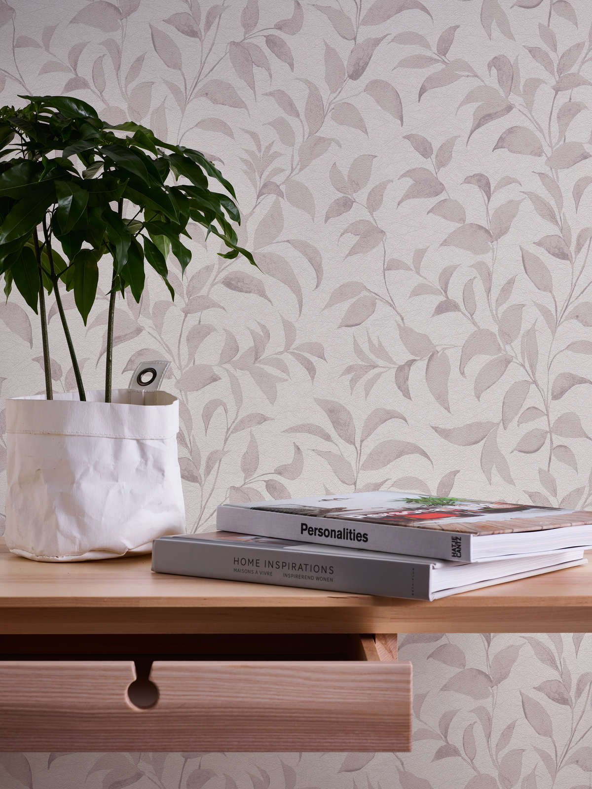             wallpaper floral with leaves shimmer textured - white, beige, grey
        