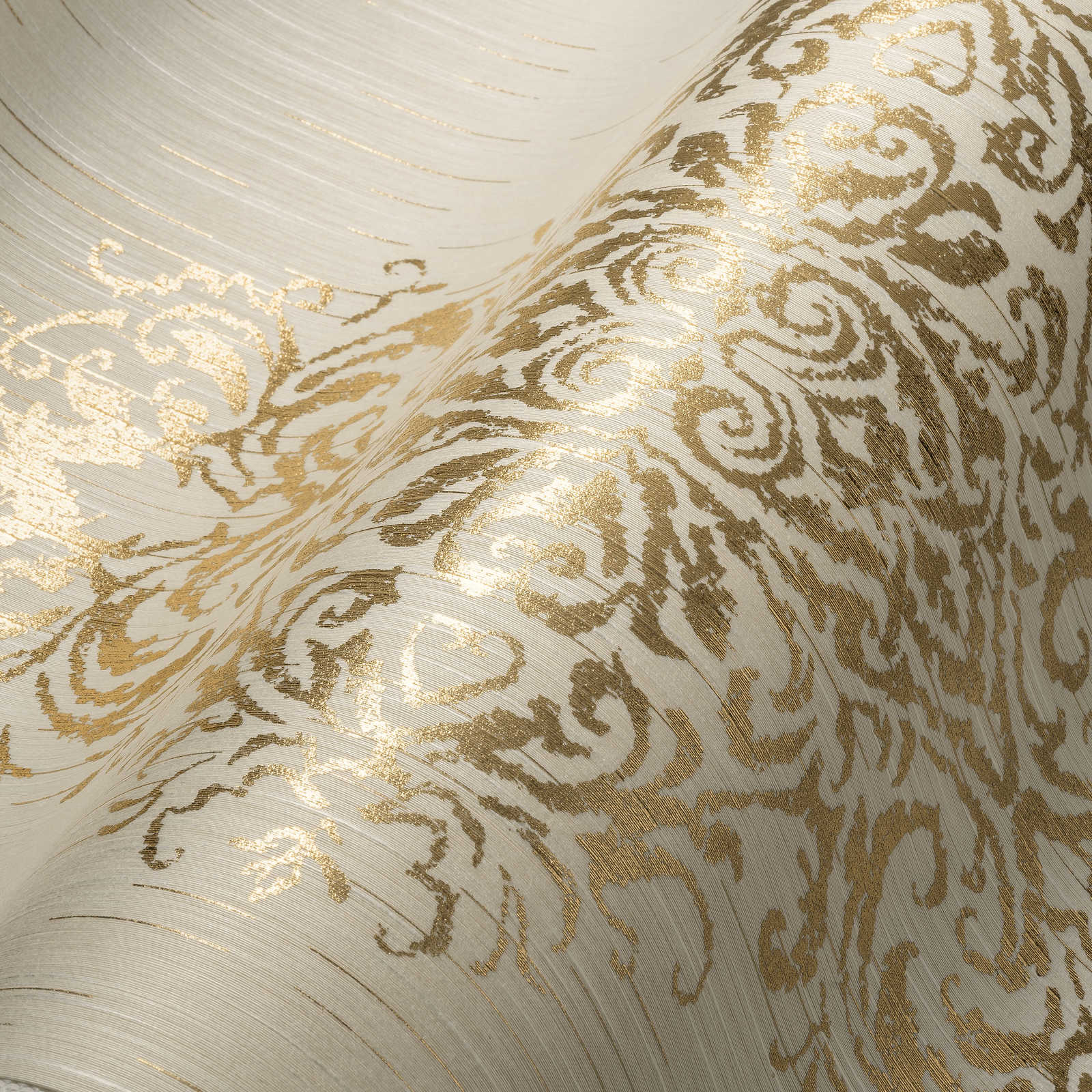             Ornament wallpaper with metallic effect in used look - cream, gold
        