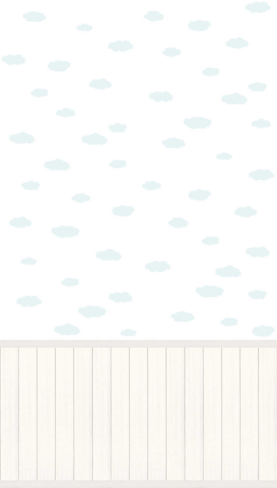             Carta da parati non tessuta con bordo a zoccolo effetto legno e motivo a nuvole - bianco, blu, grigio
        