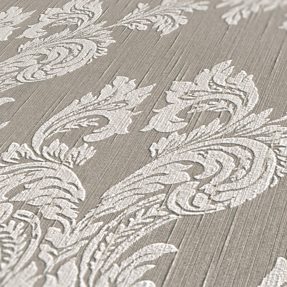             Wallpaper baroque ornaments & textile design - beige, grey
        