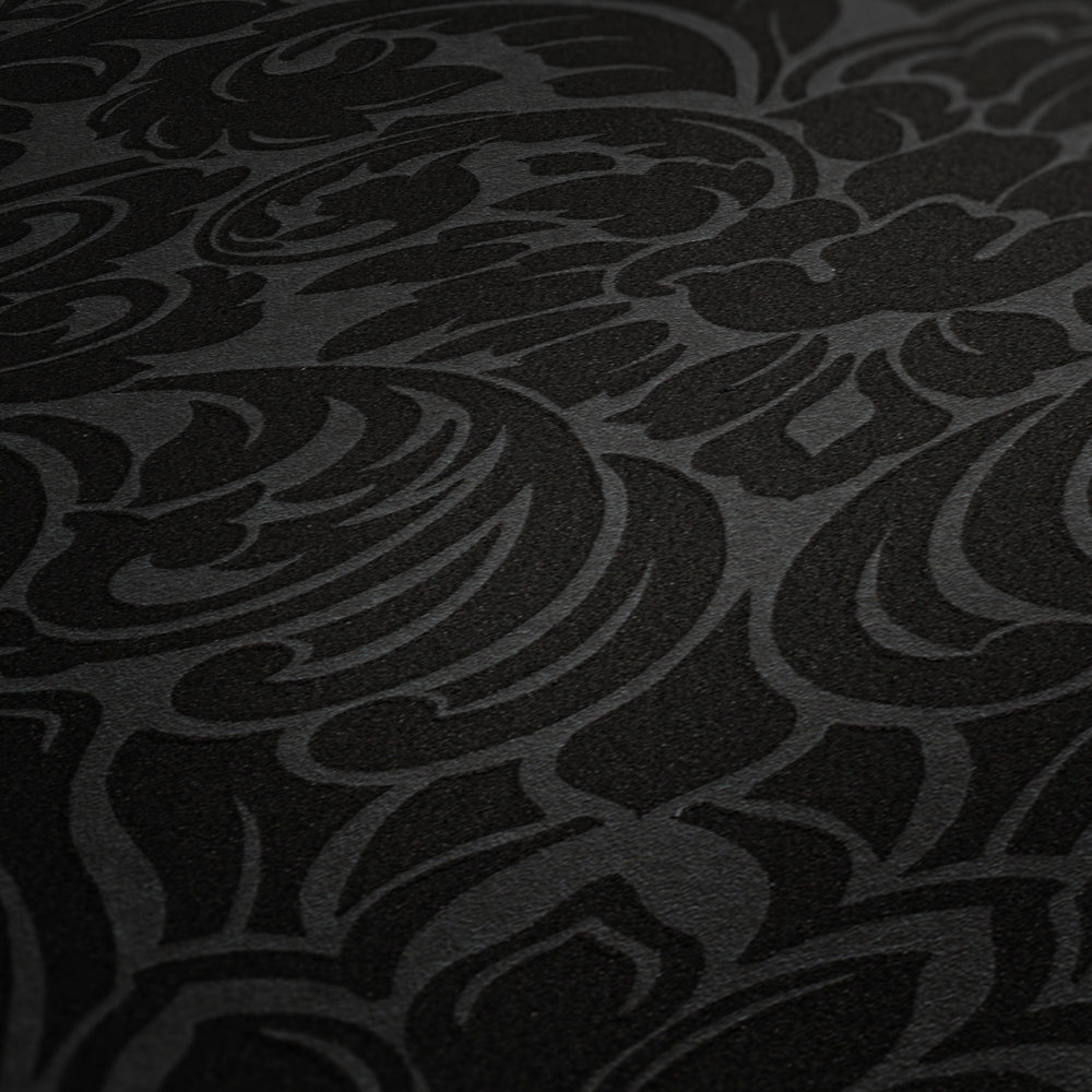             Papier peint ornemental effet métallique & design floral - argenté, noir
        