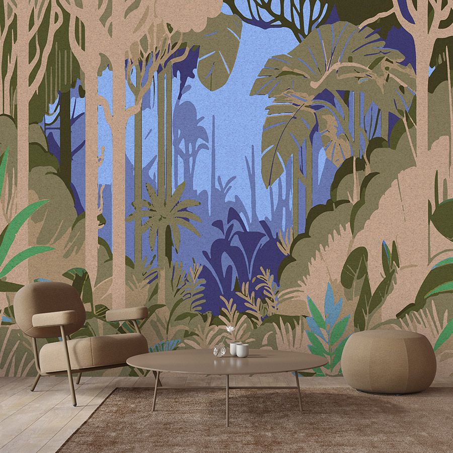 Photo wallpaper »azura« - Abstract jungle motif with kraft paper texture - Smooth, slightly pearlescent non-woven fabric
