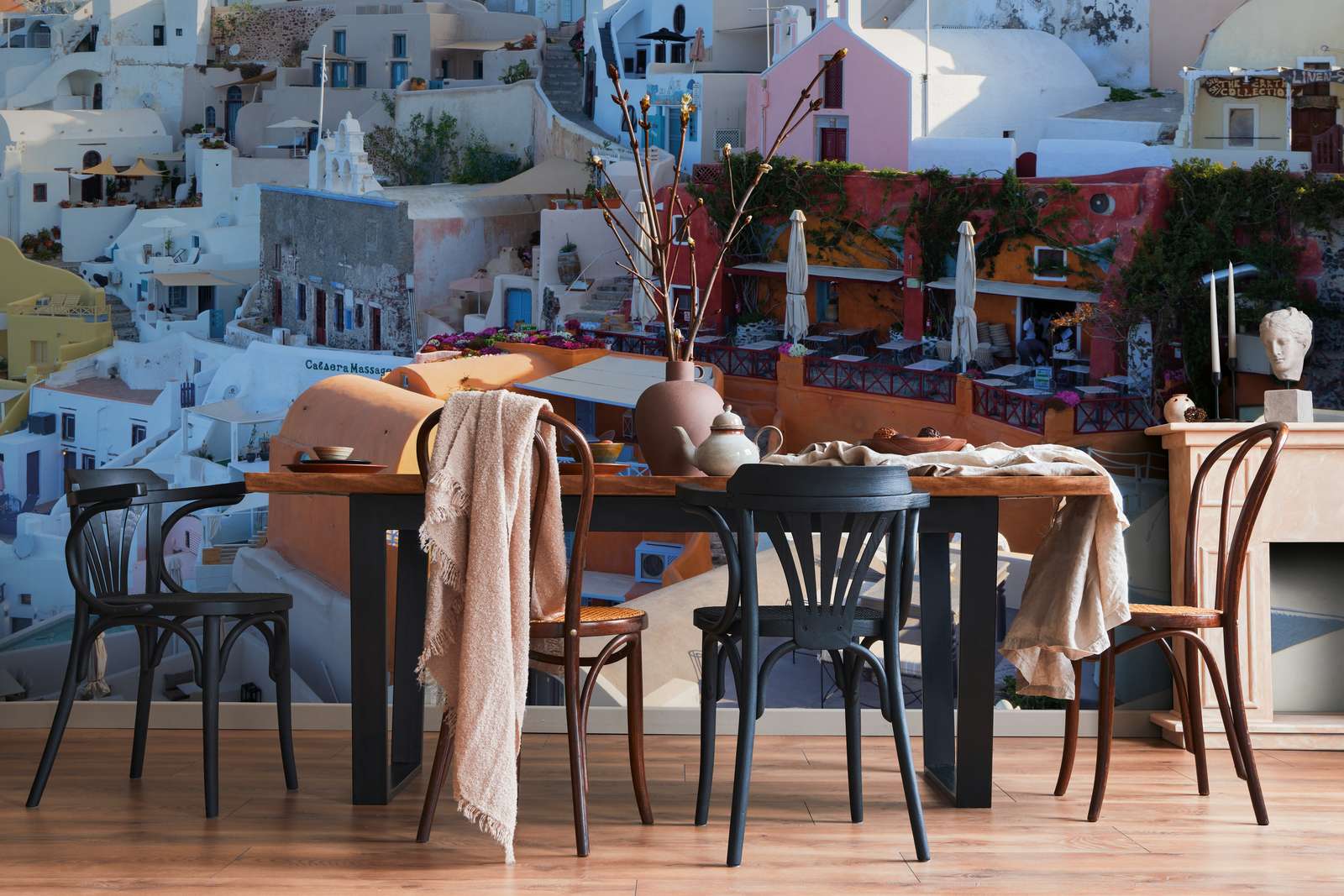             Digital behang Huizen van Santorini - structuur niet-geweven
        