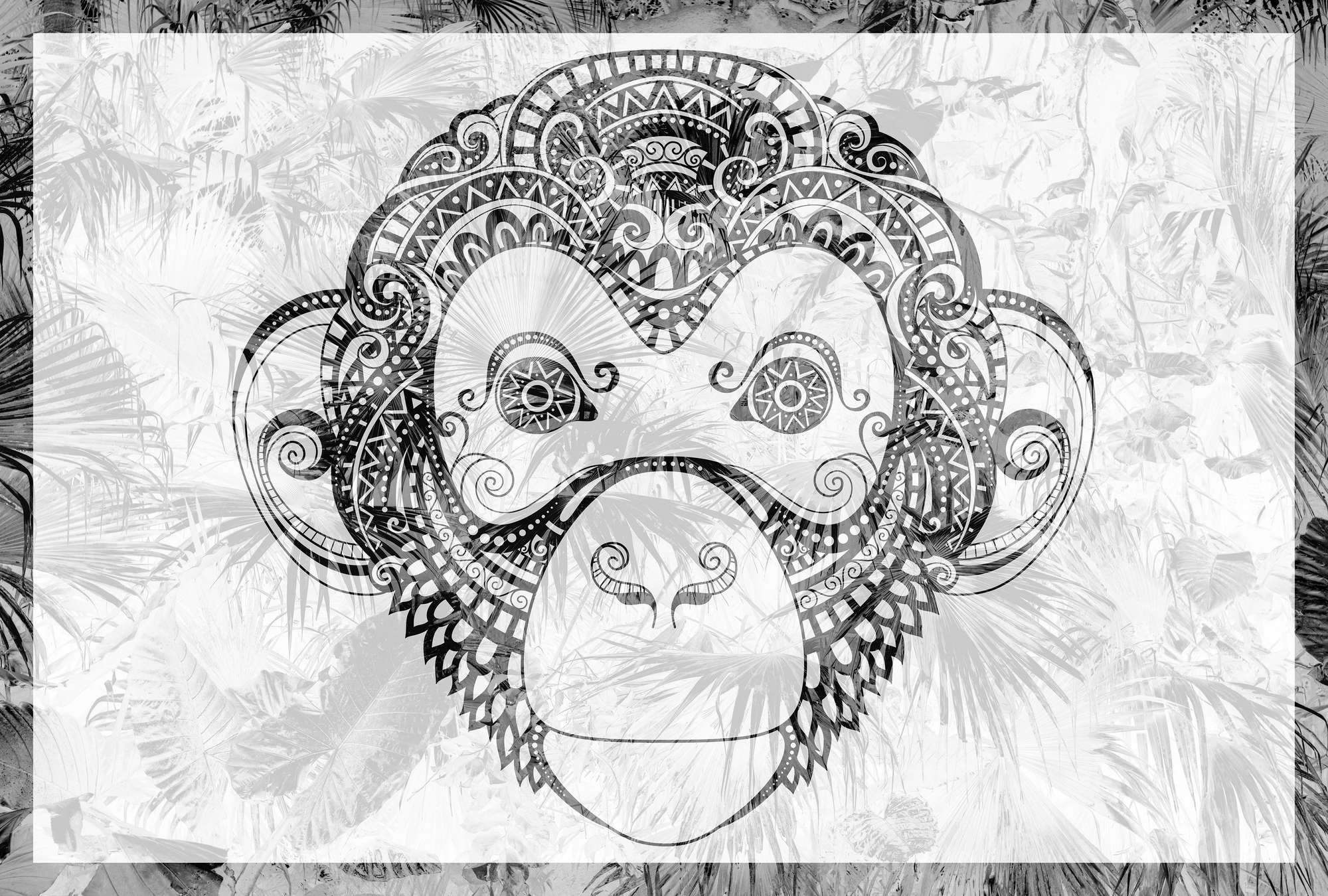             Fotomurali Scimmia in stile fumetto, motivo giungla in bianco e nero - Nero, bianco, grigio
        
