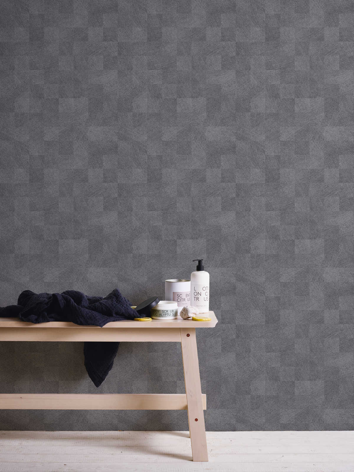             Metallic wallpaper dark grey check pattern with gloss effect - grey, metallic
        