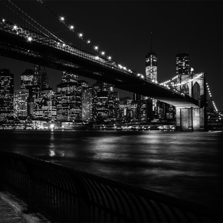         Brooklyn Bridge mural at night - black and white
    