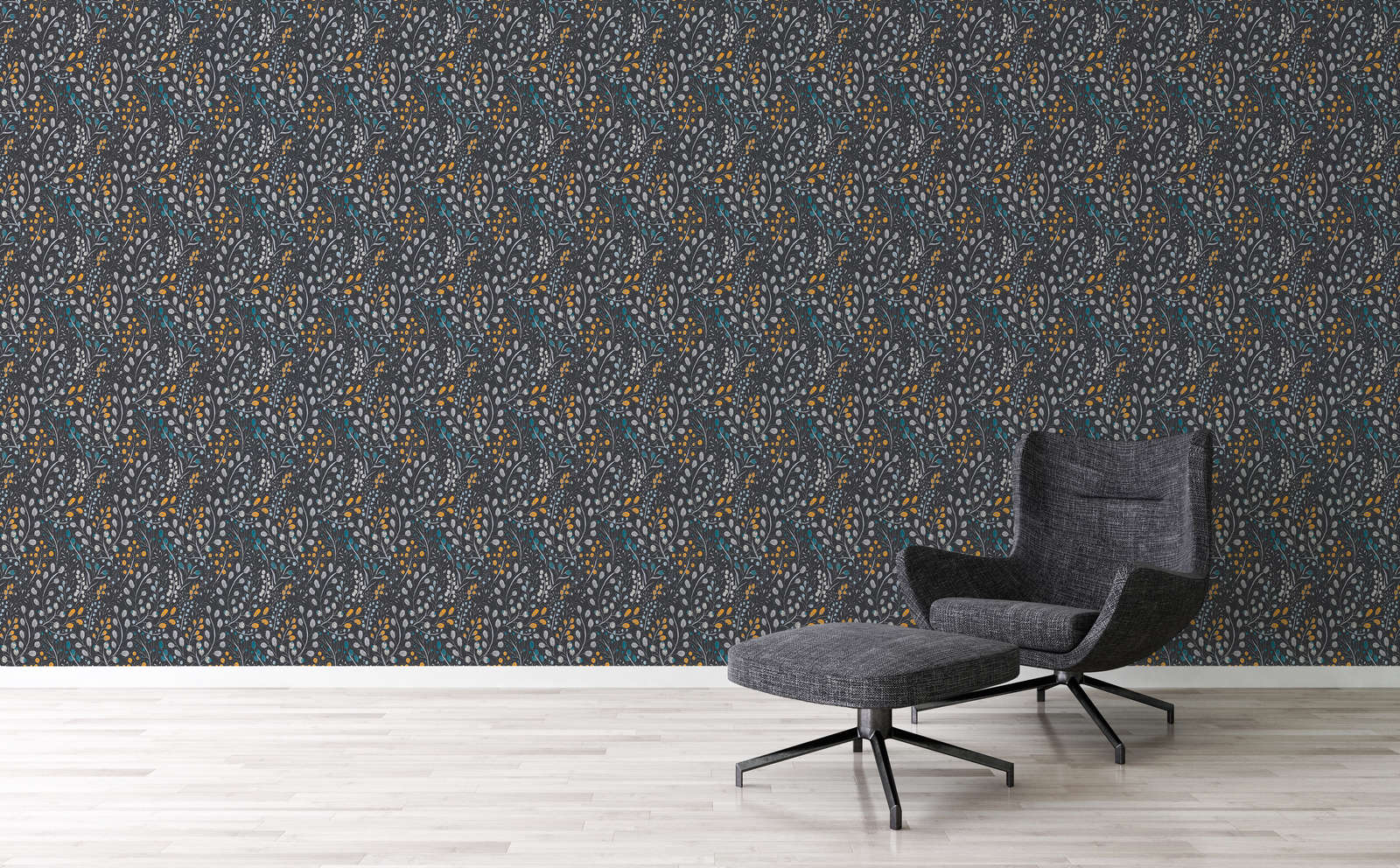             Wallpaper with floral & abstract pattern matt - black, yellow, blue
        