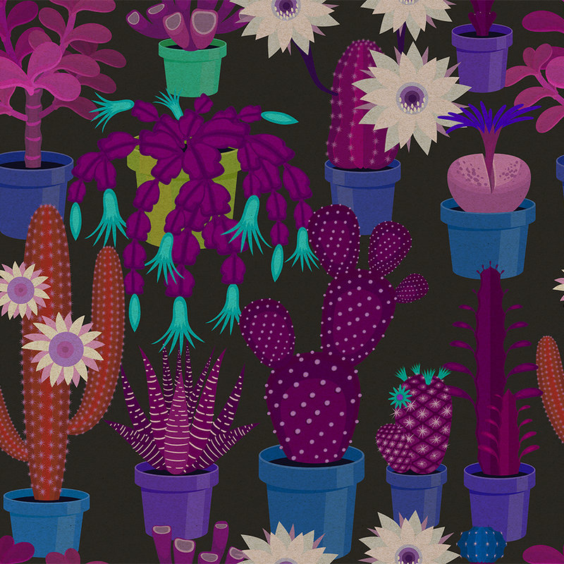 Cactustuin 1 - Onderlaag behang in kartonstructuur met kleurrijke cactussen in komische stijl - Blauw, Oranje | Premium glad vlies
