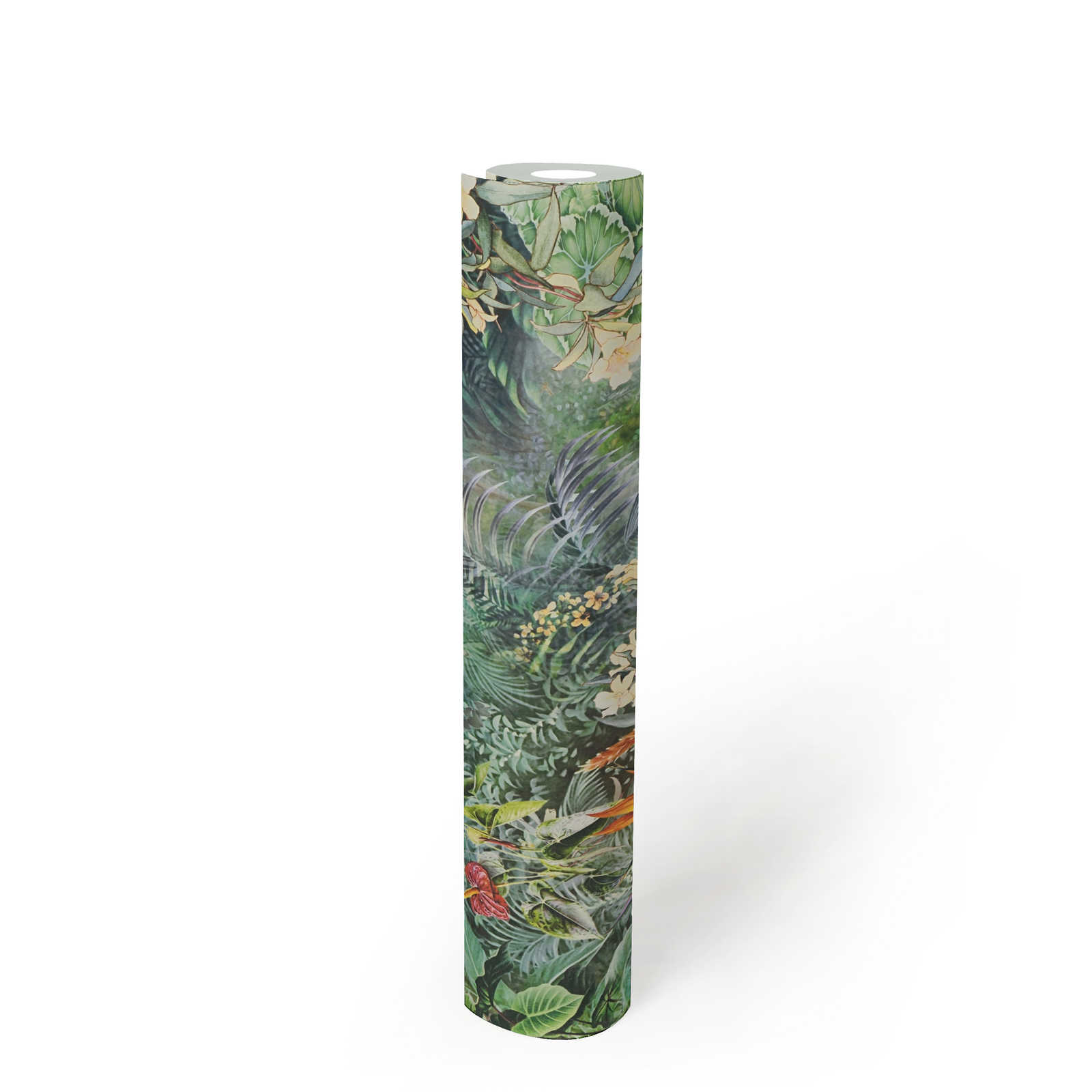             Papel pintado floral animales y plantas de la selva - verde, gris
        