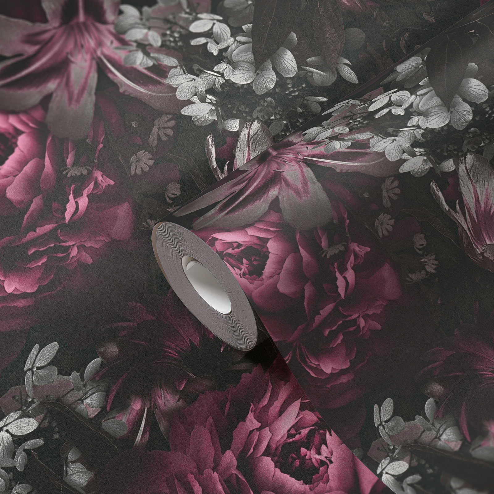             papel pintado rosas y tulipanes en estilo clásico - rosa, gris
        