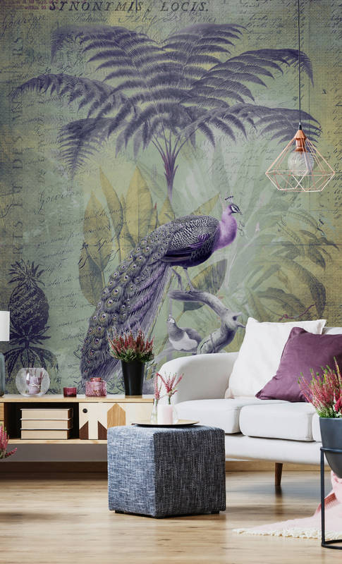             Vintage mural botany print style with purple peacock
        