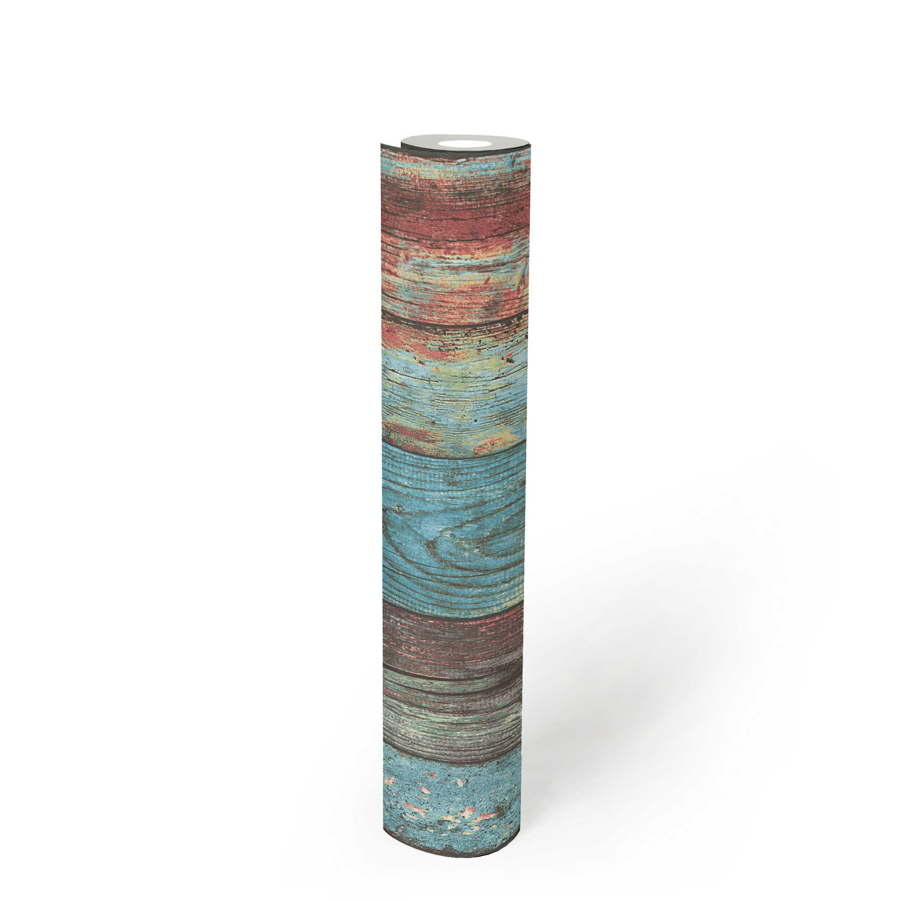             Colorful wood wallpaper Shabby Chic Style with boards pattern - Blue, Red, Brown
        