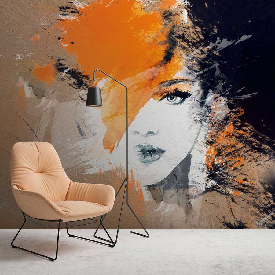 Digital behang met abstracte tekening van een vrouw - Beige, Oranje, Zwart
