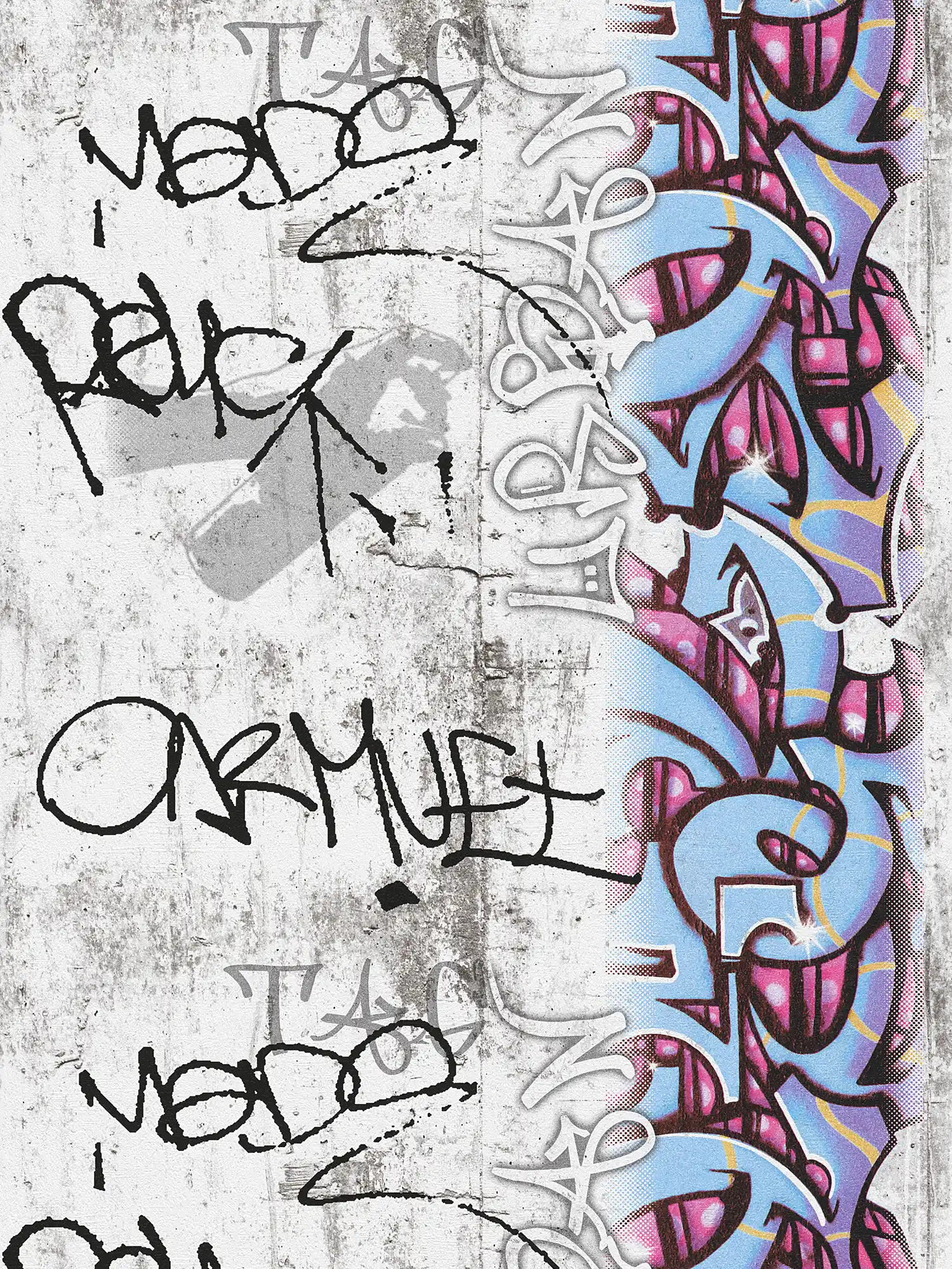 Graffiti behang met betonlook & grafisch design - grijs, blauw
