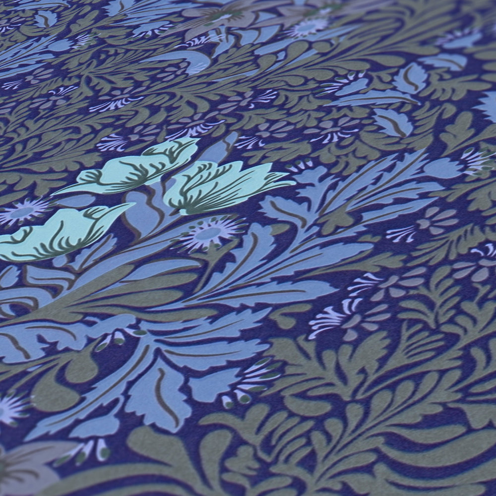             Floral Papier peint intissé avec rinceaux de feuilles et fleurs - bleu, gris, vert
        