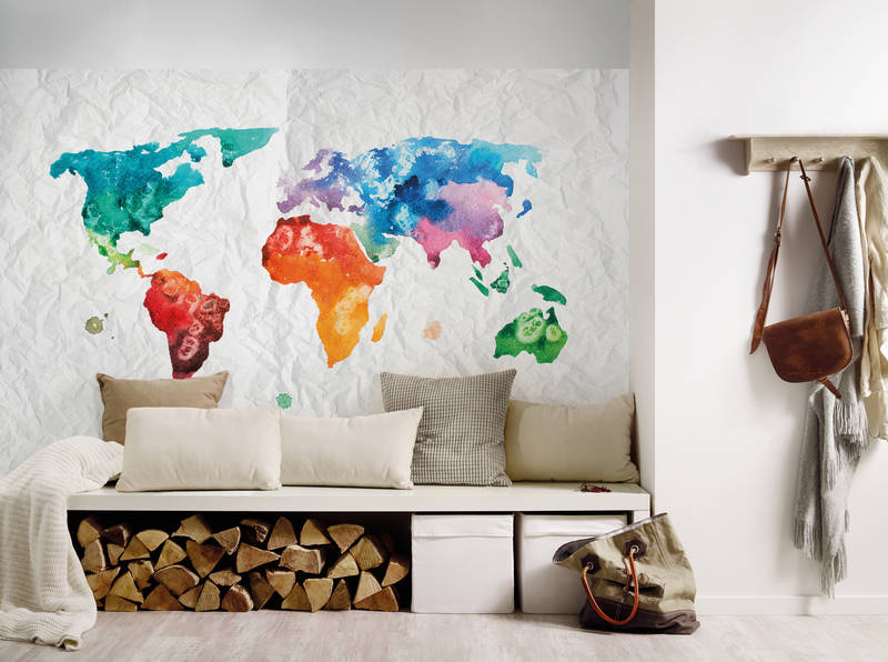             Wereldkaart Behang Aquarel - Kleurrijk, Wit
        