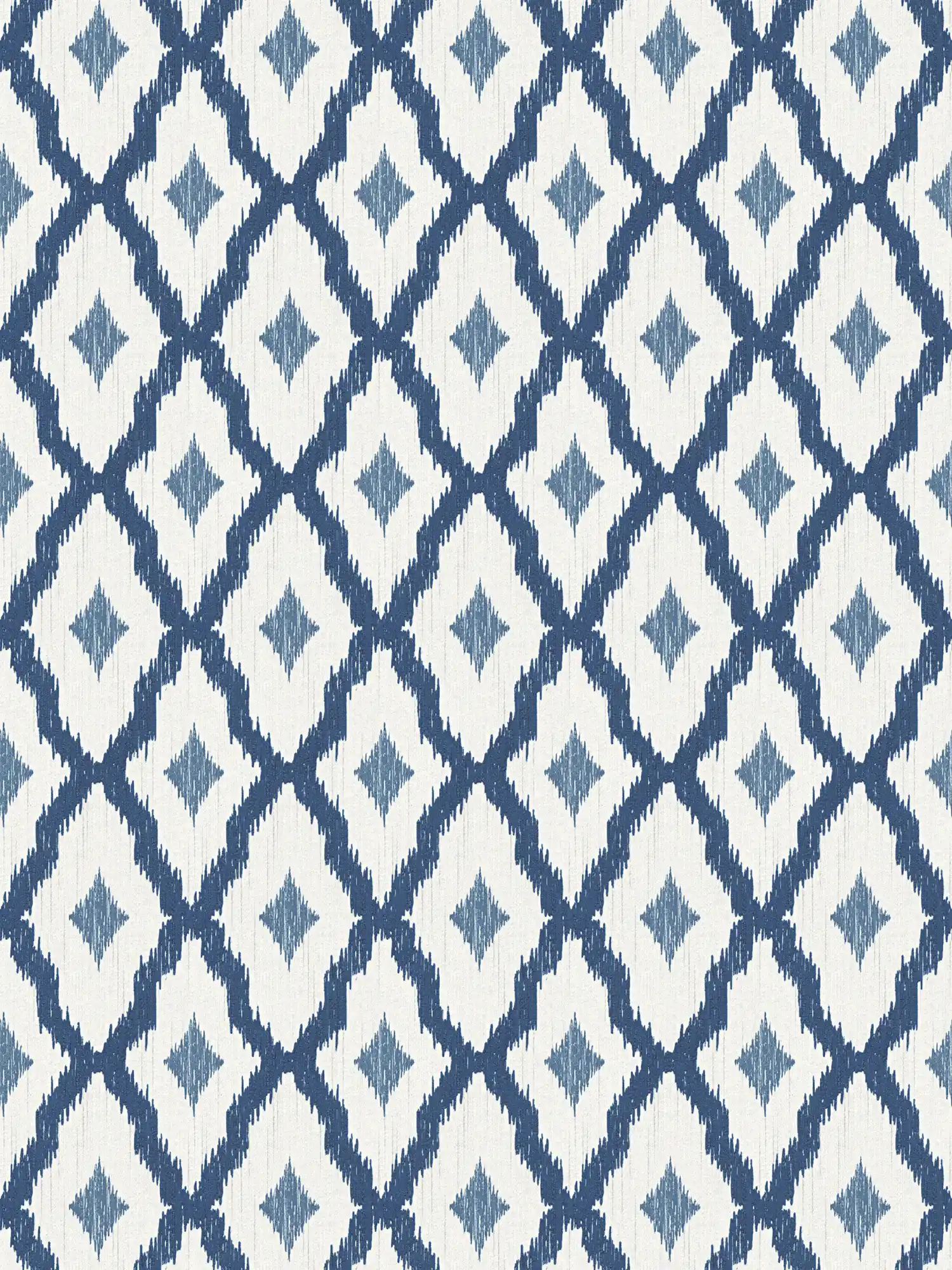 Non-woven wallpaper ikat pattern with diamonds motif - blue, white
