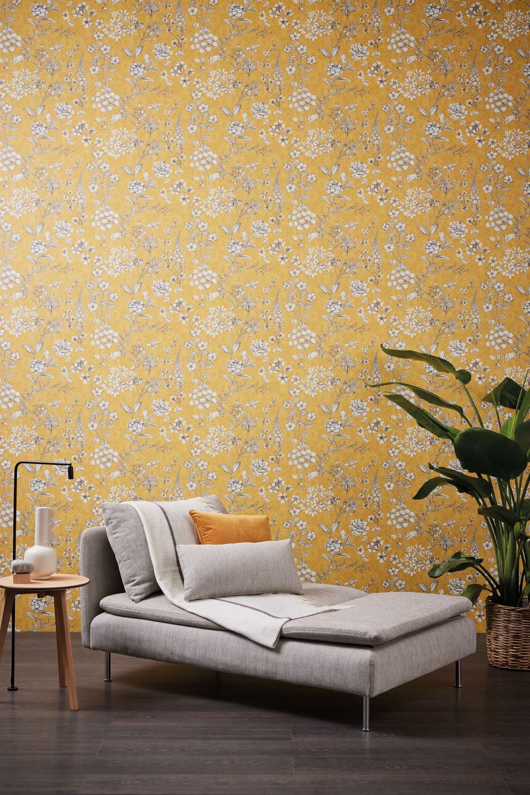             Papel pintado no tejido vintage con motivos florales - amarillo, blanco, gris
        