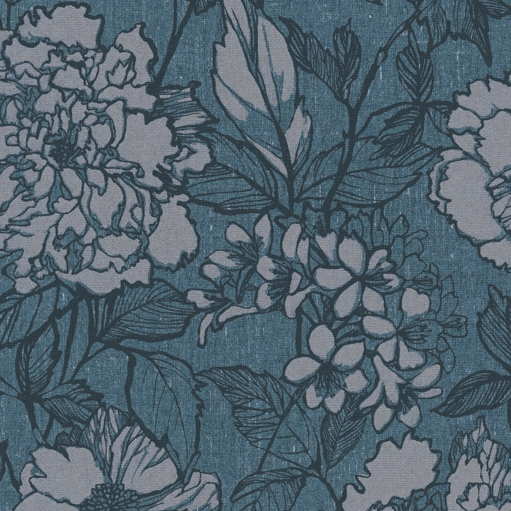             Papier peint aspect textile pétrole avec motif à fleurs - bleu, gris
        