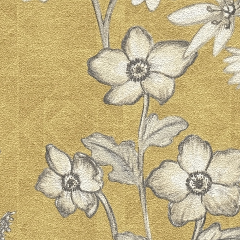             Carta da parati vintage in tessuto non tessuto con motivi floreali - giallo, bianco, grigio
        