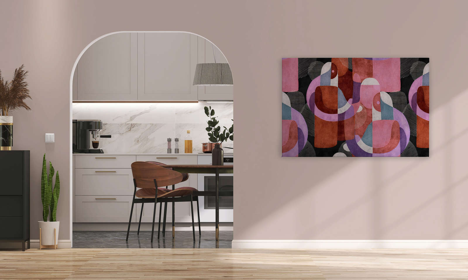             Meeting Place 2 - Canvas schilderij abstract etno design in zwart & roze - 1,20 m x 0,80 m
        