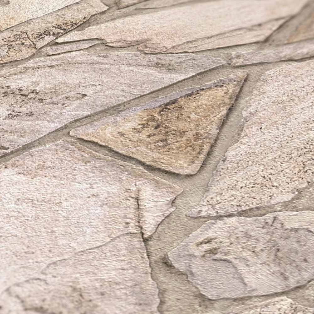             Papel pintado no tejido con aspecto de piedra y ladrillos en 3D - beige, gris, marrón
        