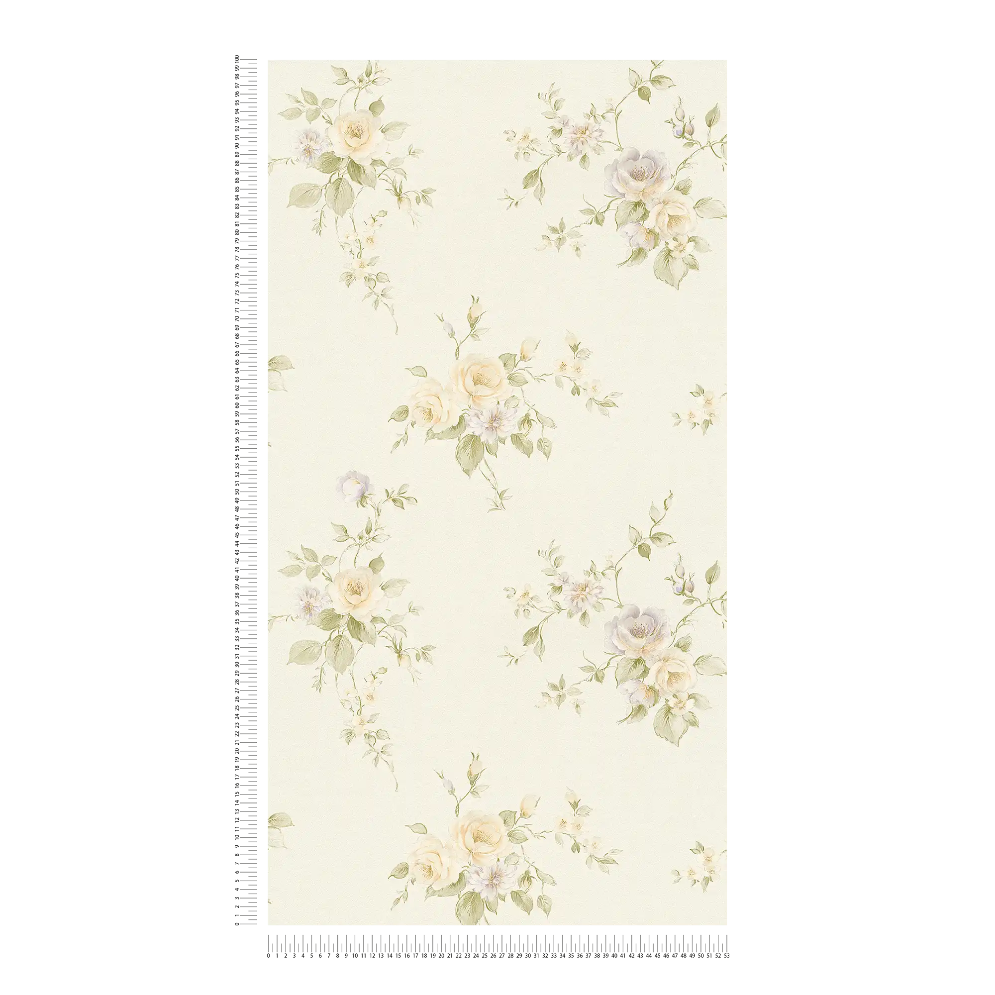             Roses wallpaper with floral ornaments - cream, green, orange
        
