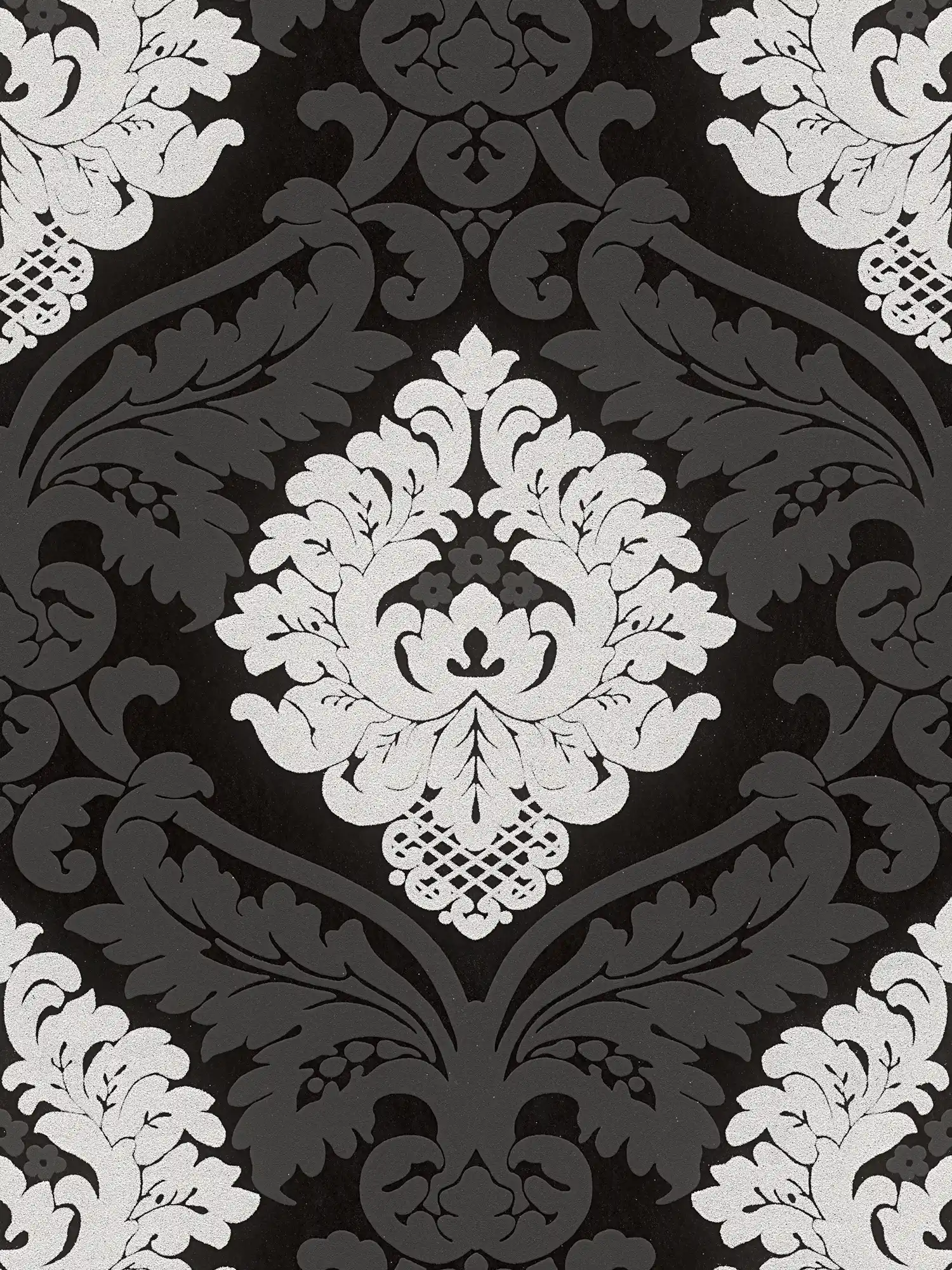 Ornamenteel behang glitter effect & 3D effect - zwart, zilver, wit
