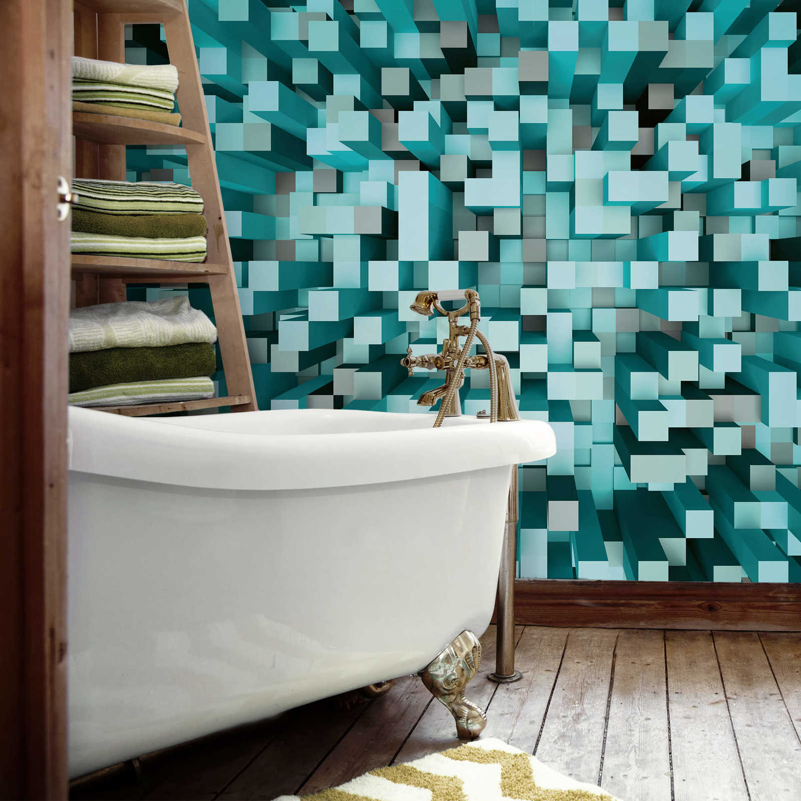             3D Pixel style square pattern mural - Turquoise
        