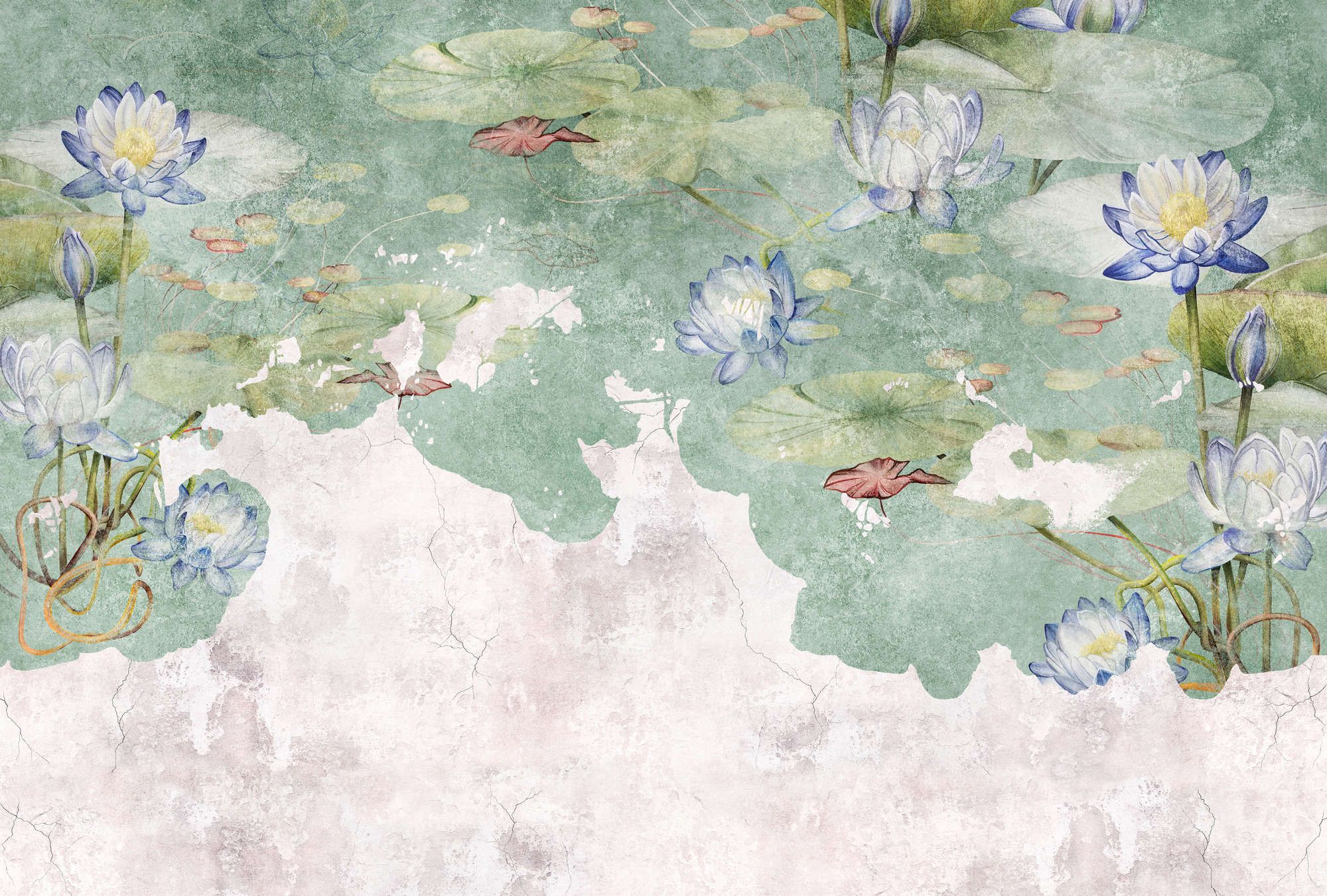             Photo wallpaper »lily« - Water lilies on vintage plaster texture in the background - Smooth, slightly shiny premium non-woven fabric
        