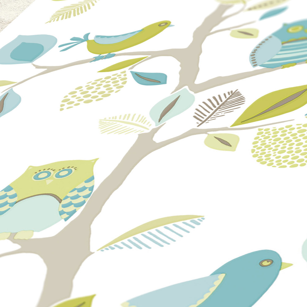             Nursery wallpaper neutral with owl & tree pattern - blue, green
        