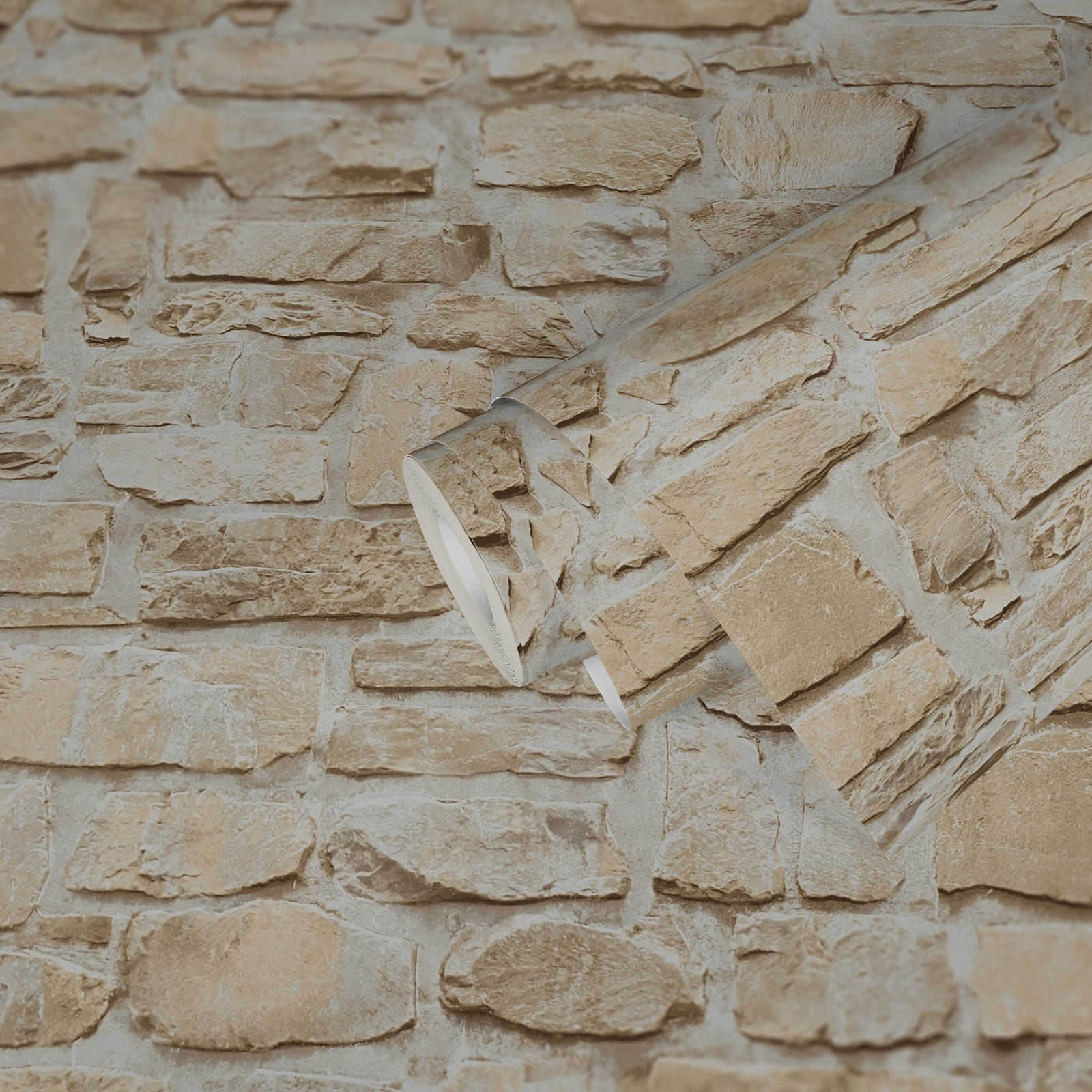             Papier peint adhésif | mur en pierre naturelle aspect 3D - beige
        