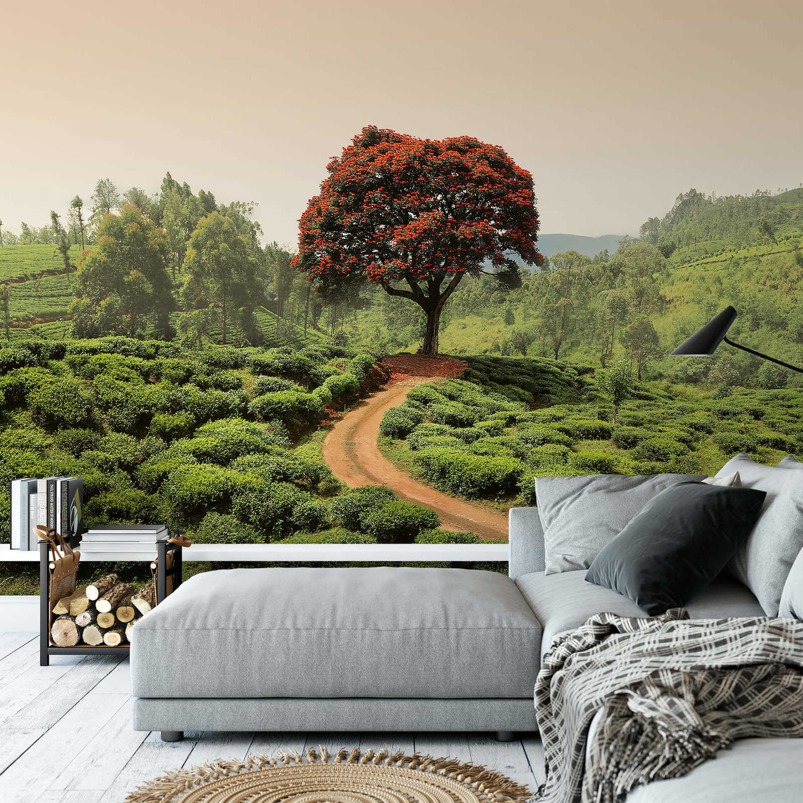             Papier peint panoramique paysage au Sri Lanka - vert, rouge, marron
        
