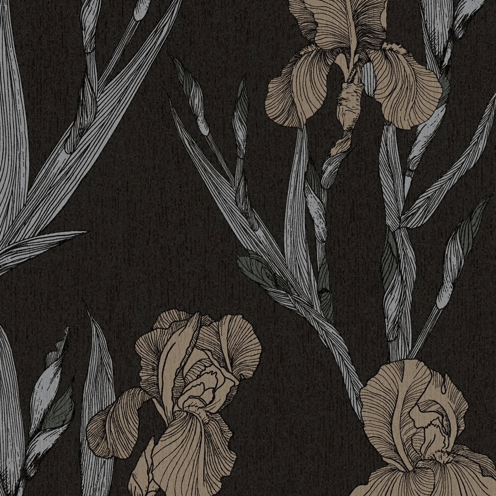             Papel pintado con motivos florales en estilo de dibujo - negro, gris, marrón
        