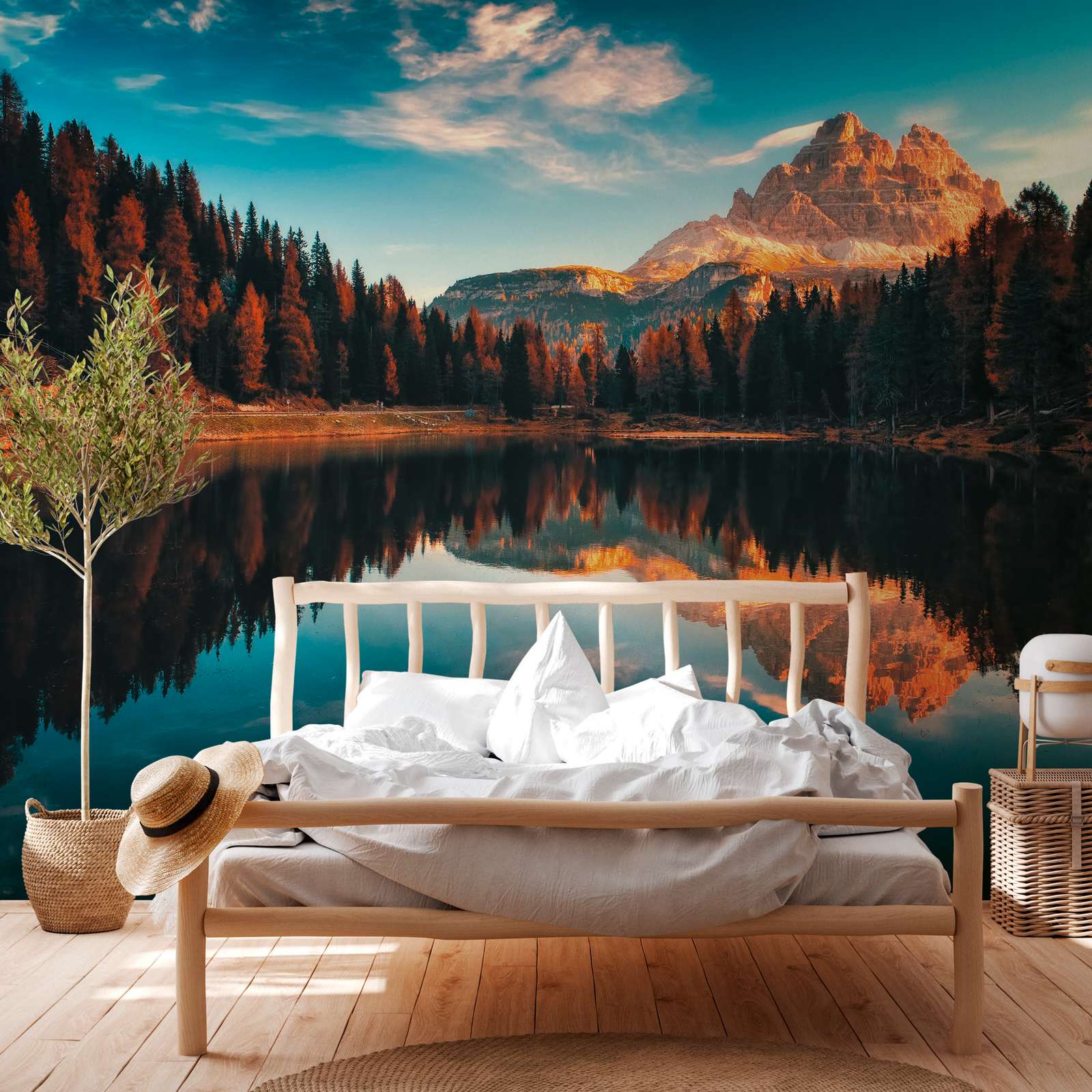             Papier peint panoramique avec paysage de montagne et lac - vert, bleu, multicolore
        
