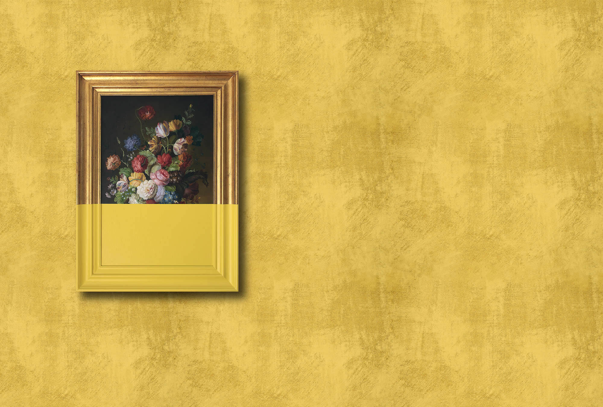             Frame 1 - wall mural art modern interpretation in wiped plaster structure - yellow, copper | mother-of-pearl smooth fleece
        