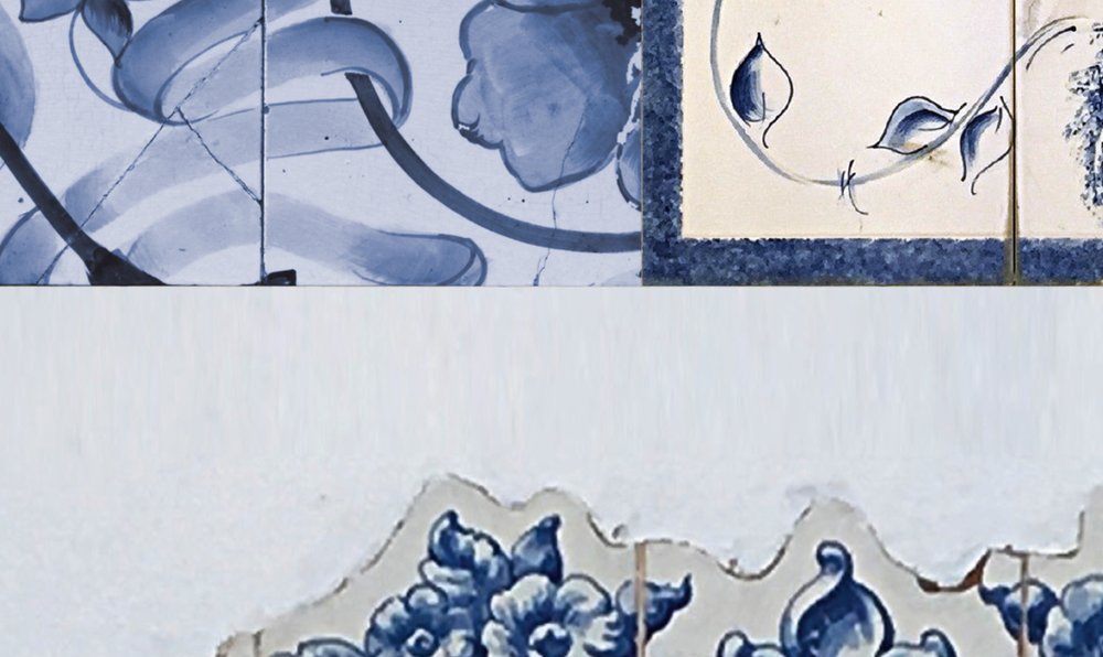             Azulejos 1 - Onderlaag behangtegels Collage Retro Stijl - Beige, Blauw | Parelmoer Glad Vlies
        