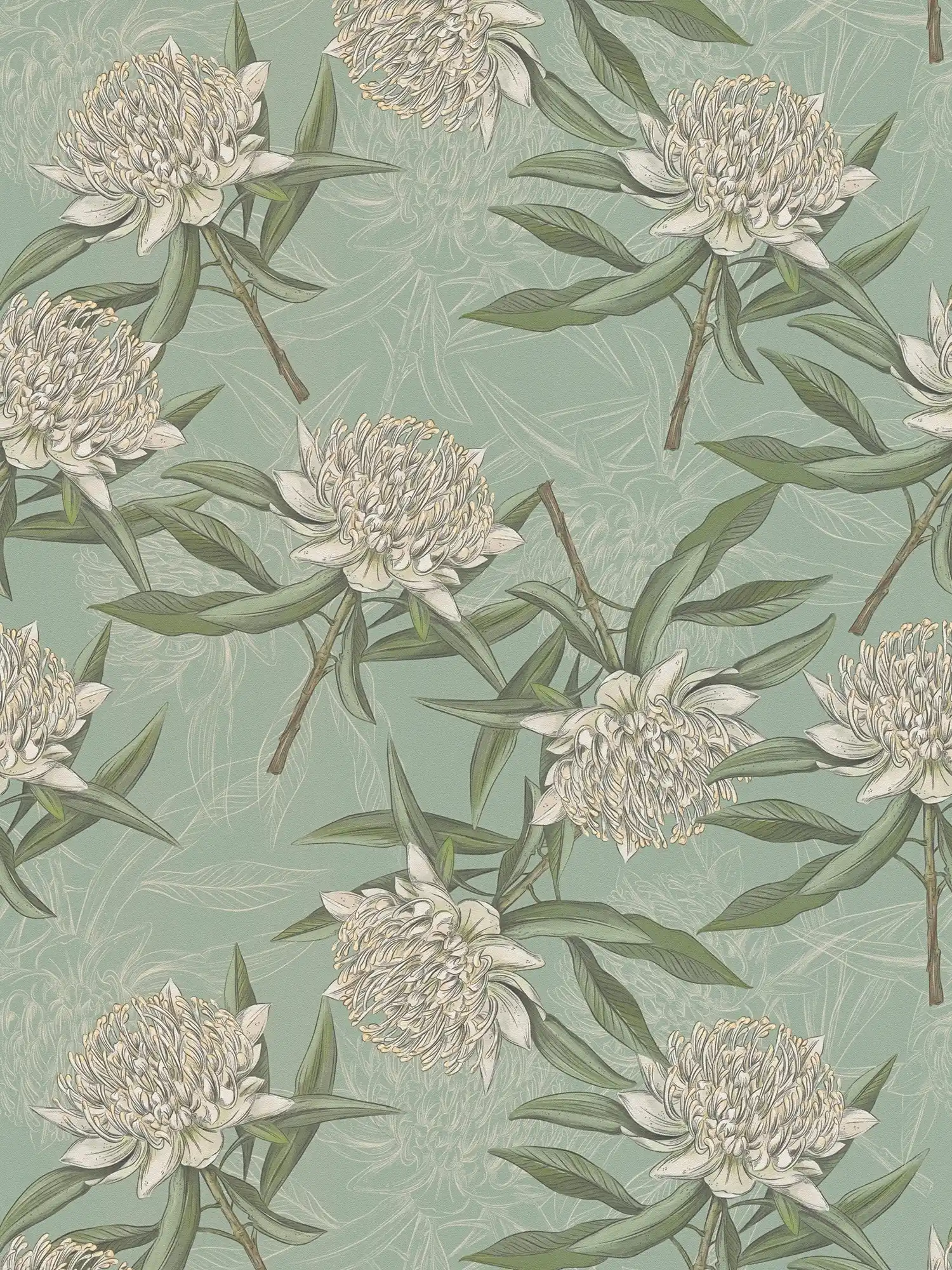 Floral wallpaper with leaves & flowers textured matt - blue, green, white
