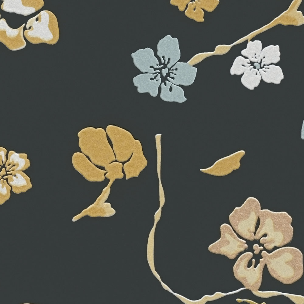             Bloemenbehang met glanzend effect & structuurpatroon - zwart, goud, turkoois
        