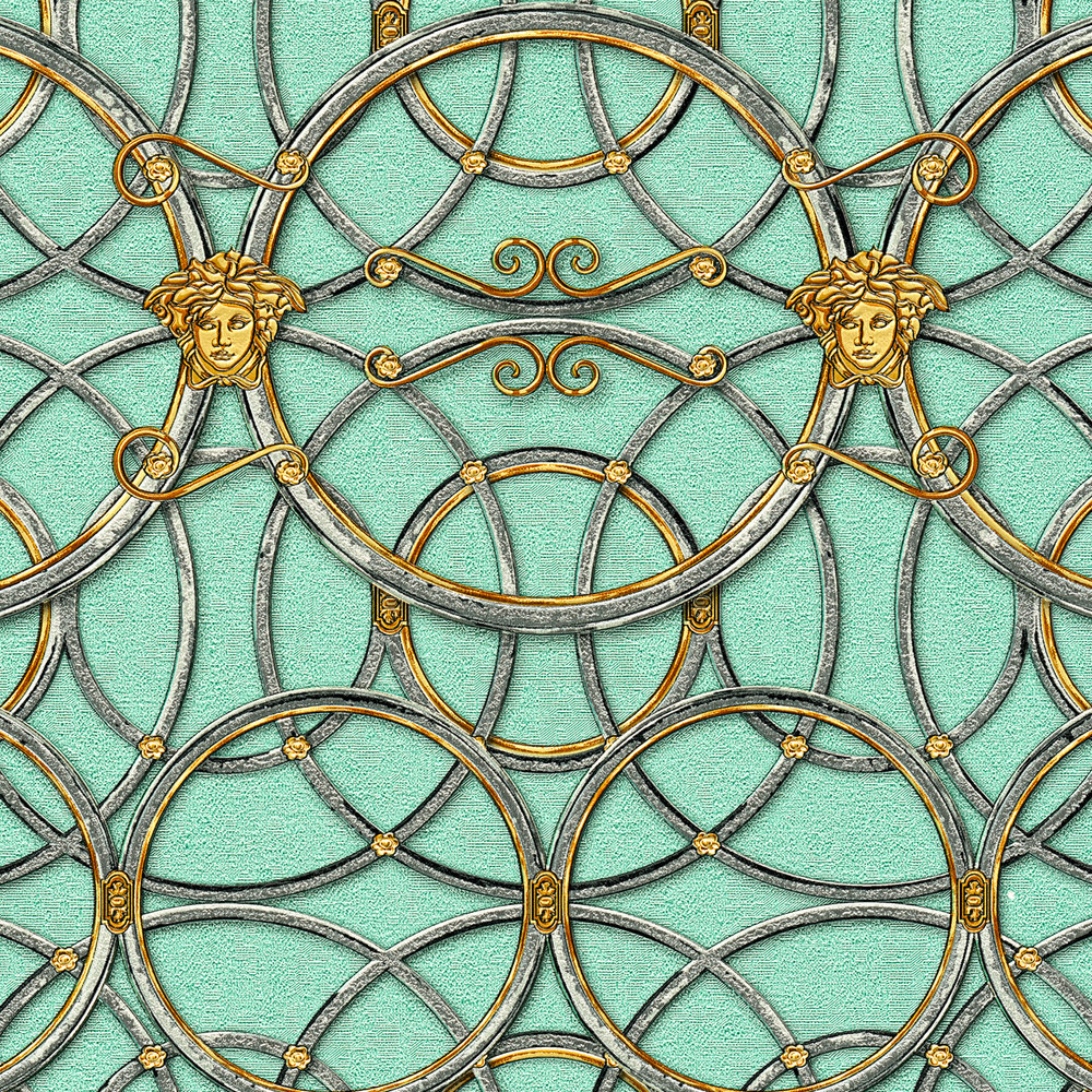             VERSACE Home behang cirkelpatroon en Medusa - groen, goud, zilver
        