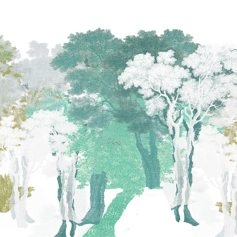 Muurschildering met bomenmotief, bos & linnenlook - groen, wit, grijs

