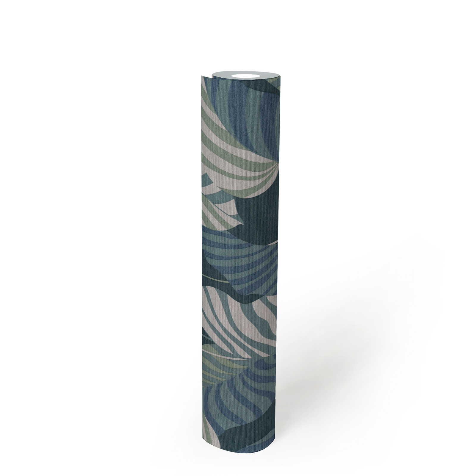             Jungle stijl vliesbehang met bladeren - blauw, groen, wit
        