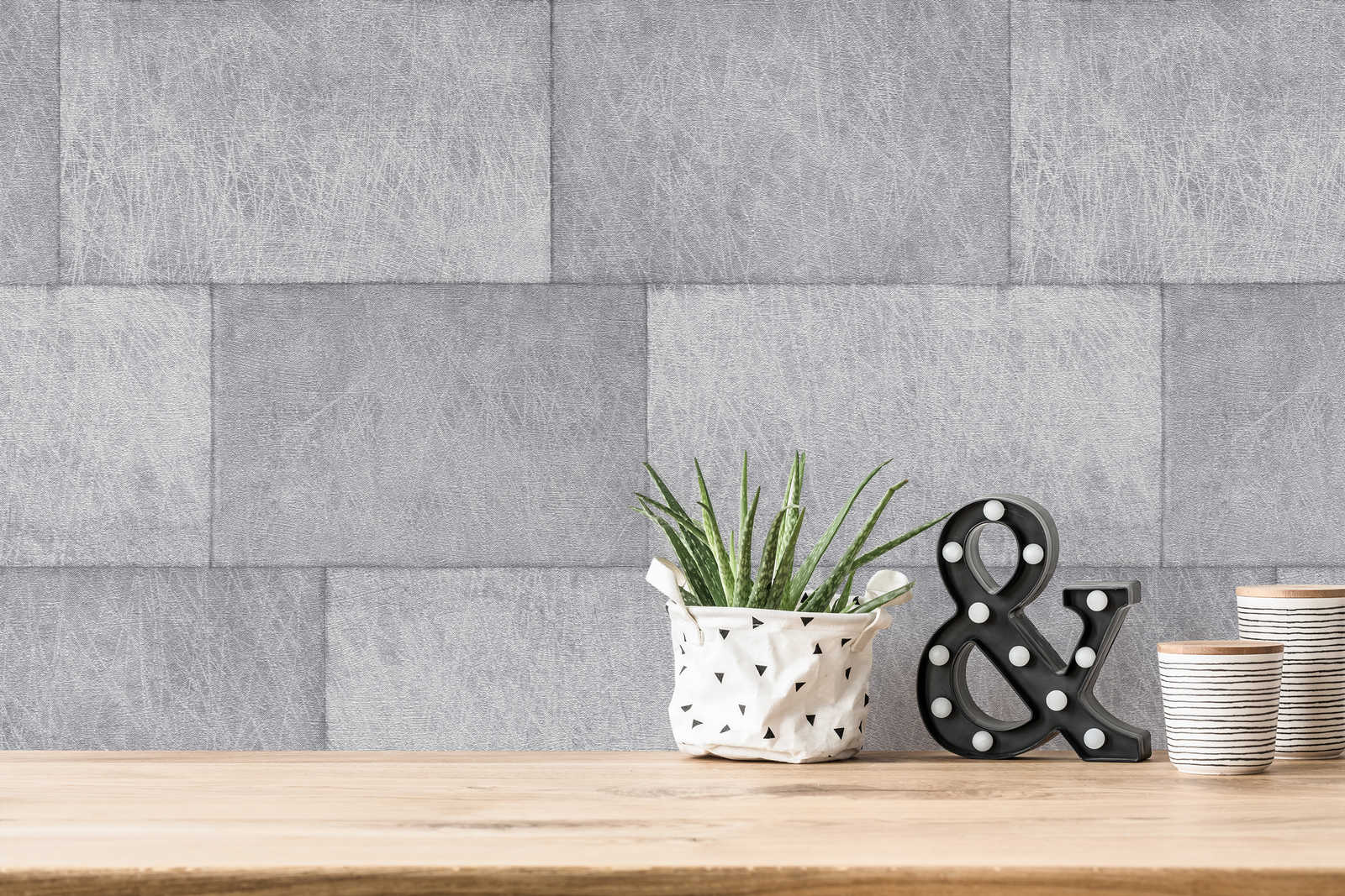             Vliesbehang metallic design met tegelpatroon - grijs
        
