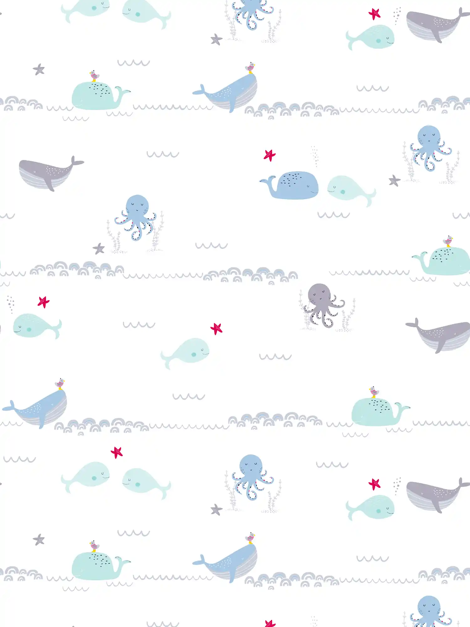 Kinderkamer behang zeedieren - blauw, grijs, wit

