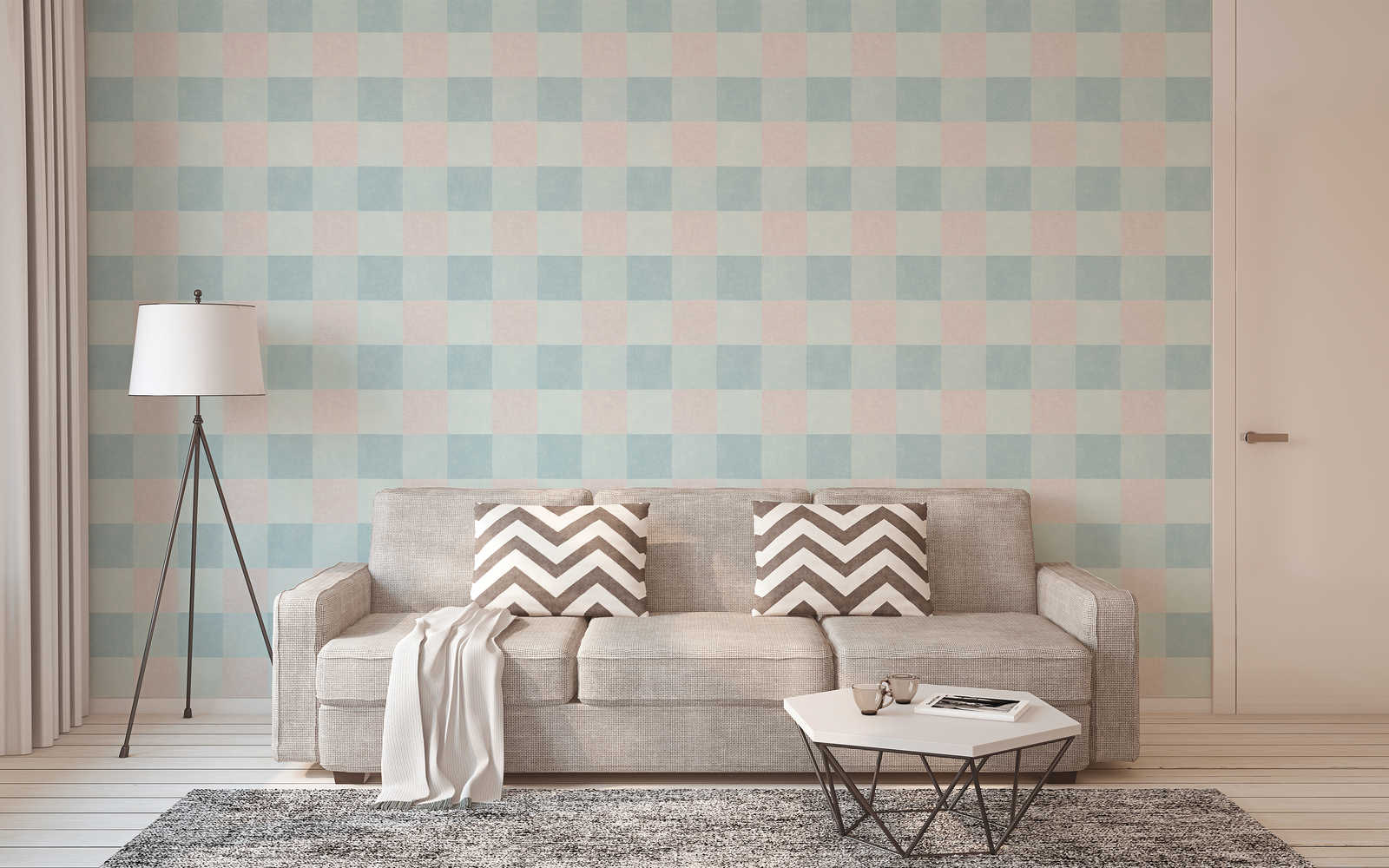             Plaid non-woven wallpaper with linen look - blue, grey
        