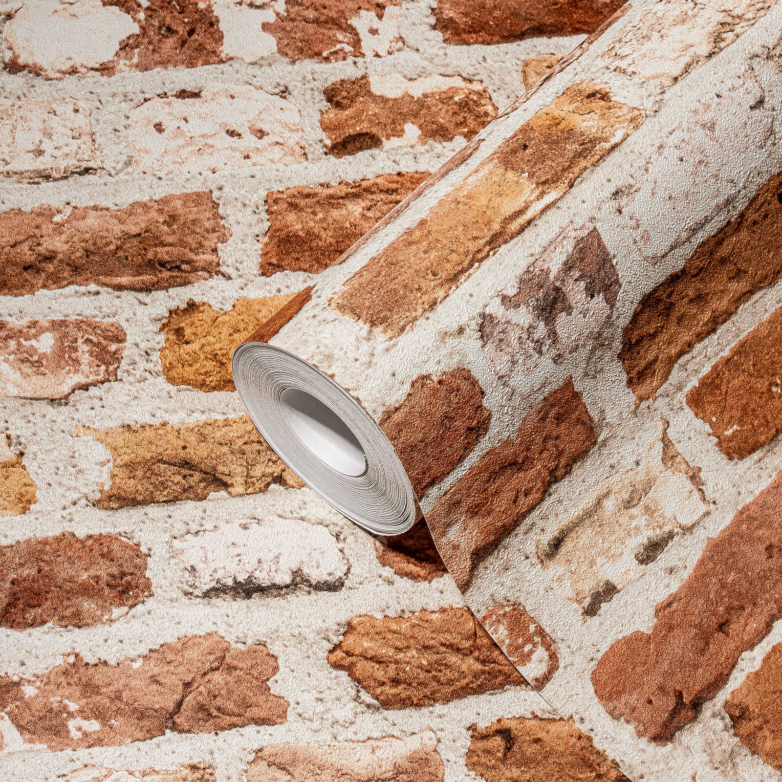             Stone look wallpaper red brick wall with 3D effect - cream, red
        