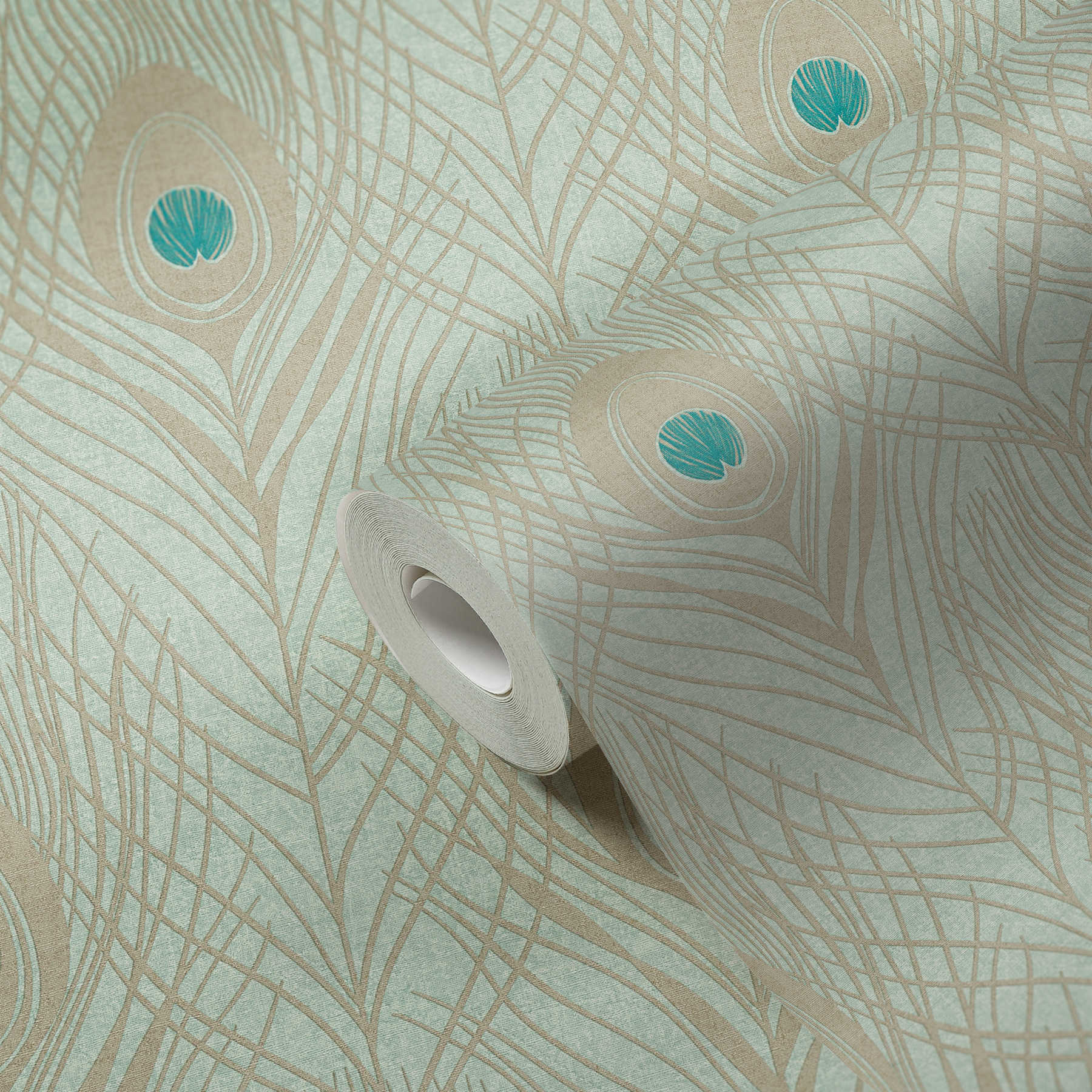             Papier peint intissé vert clair plumes de paon, aspect métallique - vert, bleu, or
        